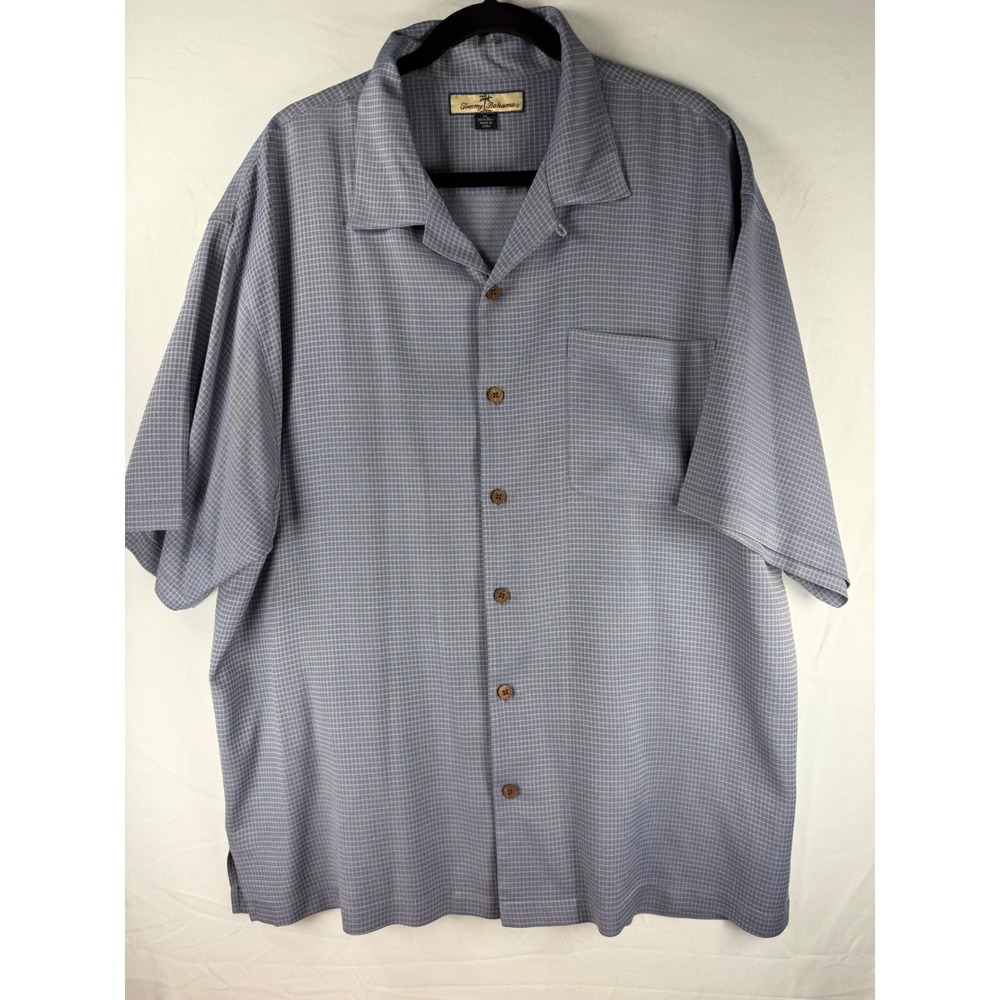 Tommy Bahama Mens XL Blue Silk Micro Check Short Sleeve Camp Button Down Shirt